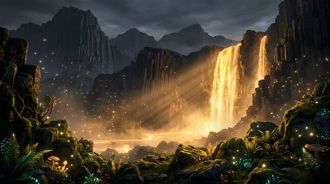 Golden glowing waterfall cascading down basalt cliffs in a fantasy forest landscape at night