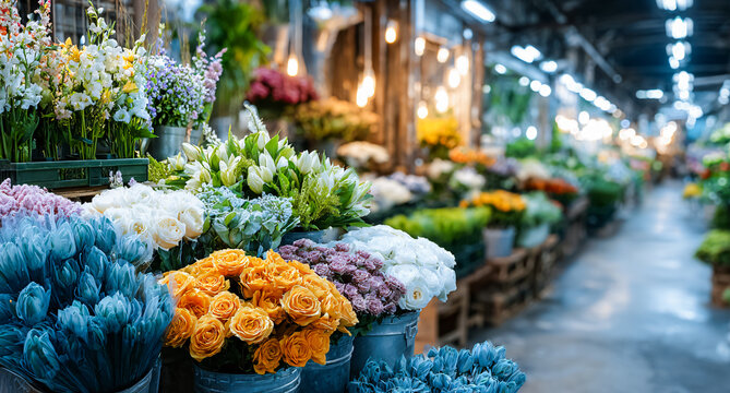 Colorful flower shop storefront with fresh bouquets and potted flowers arranged along a bright walkway. Floral market, gardening, spring and retail business concept.
