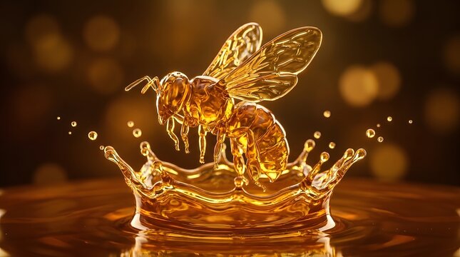 Liquid golden honey bee sculpture splashing in a syrup crown background