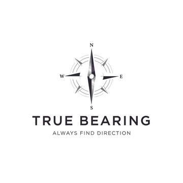 Compass rose navigation with True Bearing text for maritime branding sailing marine transport nautical logo design