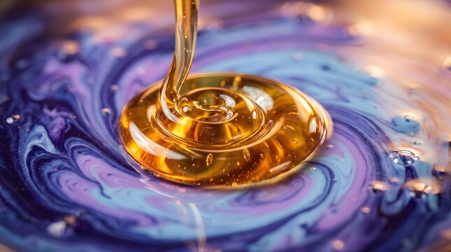 Golden honey pouring onto a swirled purple and blue liquid background macro close up