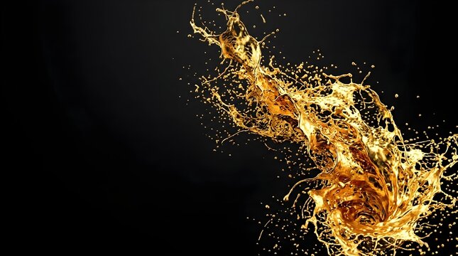  A dynamic, high-speed splash of molten gold liquid swirling elegantly against a solid black background