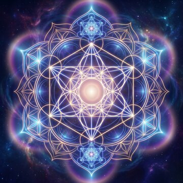 Sacred geometry mandala with Metatron's cube on cosmic space background, 3D illustration