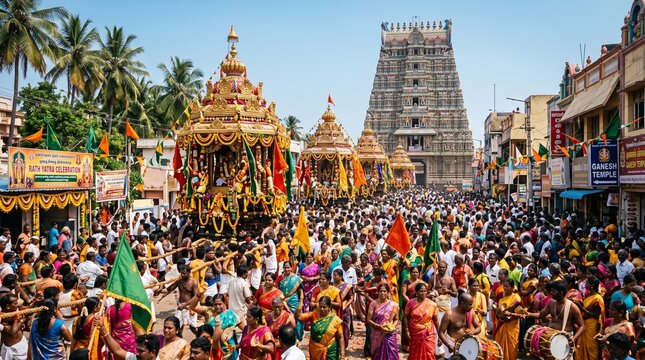 Image depicts a vibrant and bustling street scene during a festival in India, featuring a procession with intricately decorated temple chariots. The style is colorful and dynamic, capturing the essenc