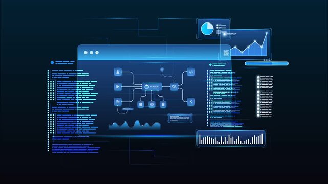 Futuristic AI automation workflow network diagram dashboard with automation pipelines, coding, processing, digital analytics and automation system, lopped animation