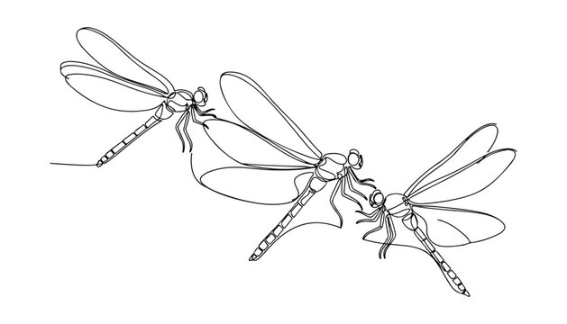 Continuous Simple black line art drawing set of dragonfly bird in a minimalist style on a white background.