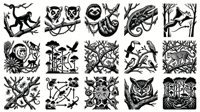 Black and White Line Art Icons of Tropical Forest Animals and Ecosystems