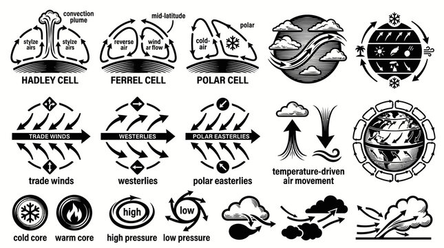 Atmospheric Circulation Science Vector Icons: Hadley, Ferrel, Polar Cells, Winds