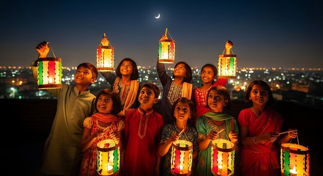 Group of children holding colorful lanterns at night with cityscape and crescent moon
