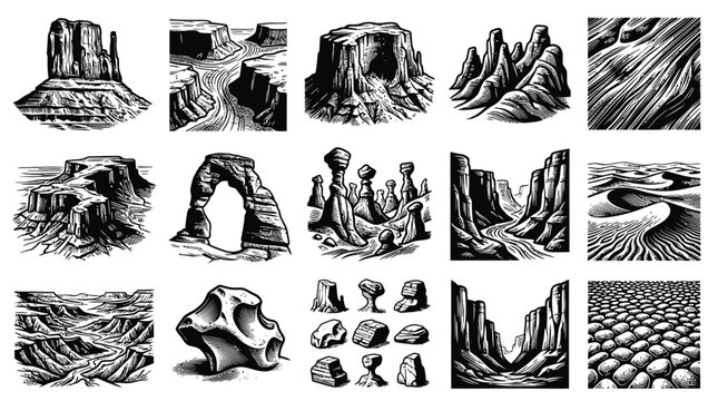 Black  White Line Art Illustrations of Natural Geological Formations, Canyons, Deserts, and Rock Landforms