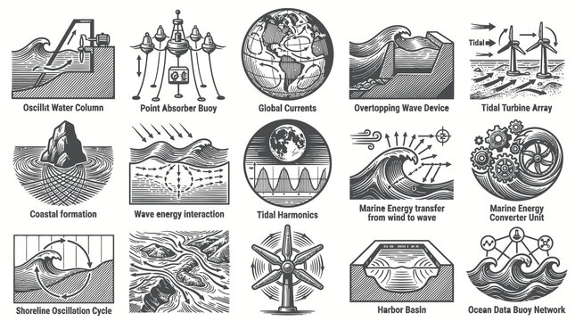 Marine Energy  Oceanography Icons Set. Black  White Line Art Diagrams for Renewable Power