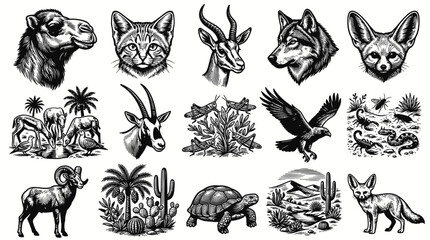 Fototapeta premium Desert Wildlife Ecosystem Black and White Engraving Style Illustrations Set