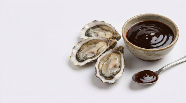 Fresh oysters with bowl of thick oyster sauce on white background