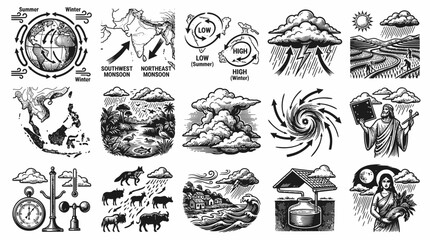 Fototapeta premium Weather Meteorology Science Climate Icons Set Black White Line Art