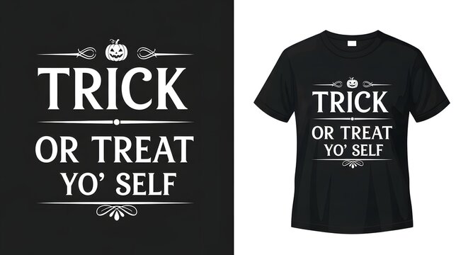 Halloween tshirt design with trick or treat yo self text, pumpkin, and decorative elements apparel mockup