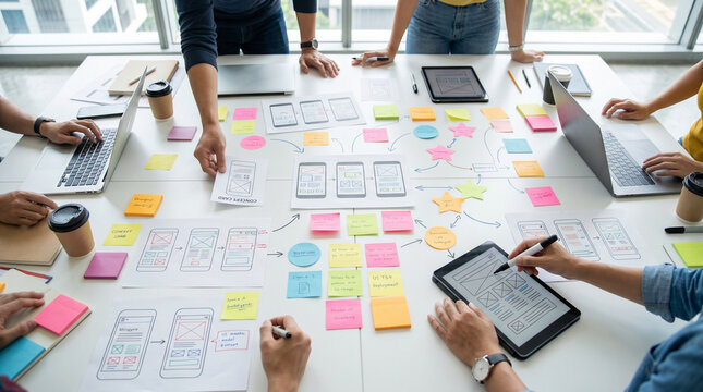 Team of designers collaborating on mobile app interface wireframes