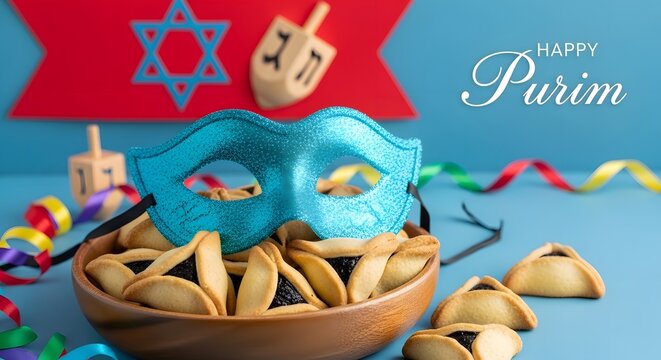 Happy purim greeting card with traditional hamantaschen cookies, masquerade mask, and festive decorations on a blue background