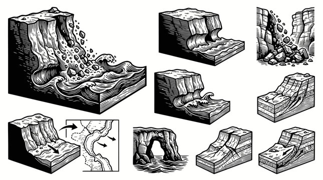 Geology Earth Science Black  White Line Art Diagrams: Erosion, Landslides, Rockfalls, and Coastal Landforms