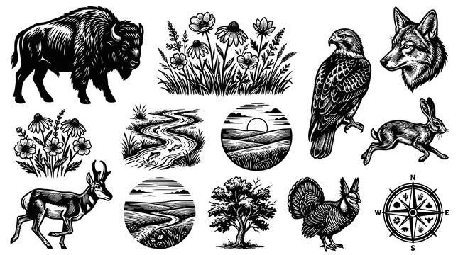 Black  White Engraving Style Nature  Wildlife Vector Art. Animals, Landscapes  Compass Illustrations Set.
