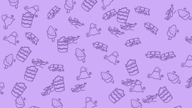 Purple doodles pattern with various elements like airplanes, mountains, ice cream cones, cakes, and van silhouettes. Ideal for scrapbooking or wallpaper.