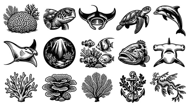 Underwater Ocean Marine Life, Coral, and Nautical Elements - Detailed Black and White Engraved Illustration Set