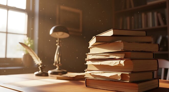 Stack of old books on wooden desk with lamp and window
