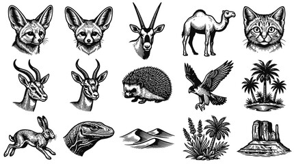 Obraz premium Black and White Vector Icons: Desert Animals, Wildlife, Flora, and Landscapes