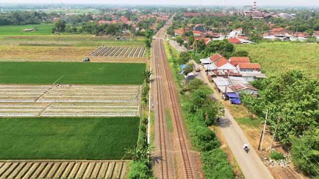 Aerial view of a straight railway track passing through lush green rice fields and a rural village with red-roofed houses in Pekalongan, Central Java, Indonesia.