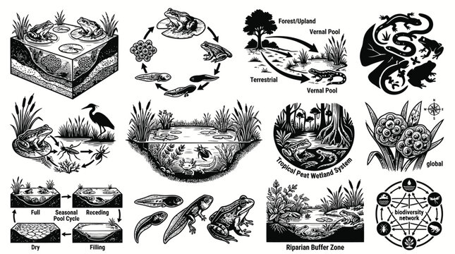 Black and White Line Art Depicting Frog Life Cycle and Wetland Ecosystems