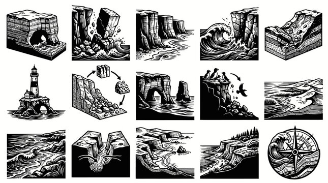 Coastal Erosion Landslides Cliffs Waves Sea Stack Lighthouse Vector Art