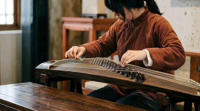 Traditional chinese musician playing guzheng zither instrument with focused hands on wooden table top.