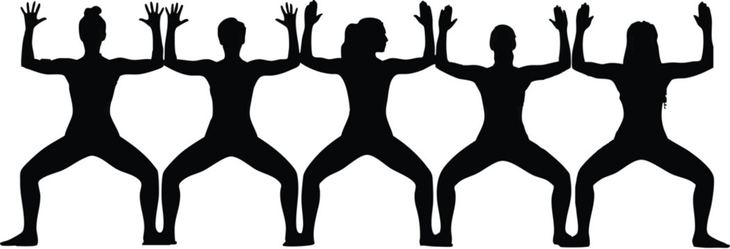 Women silhouettes stand in a synchronized row performing athletic stretching exercises in a uniform line against a white background.