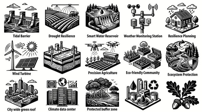 Sustainability  Climate Resilience Line Art Icons Set - Environmental Protection Black White Vector