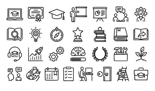 Editable stroke training icon pack featuring learning coaching workshops and professional education symbols