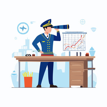 双眼鏡を覗く男性航海士のイラスト