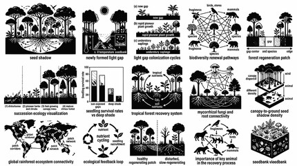 Fototapeta premium Ecology Science Concepts: Forest Regeneration, Biodiversity, Seed Shadow, Seedling Survival