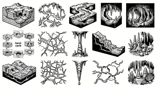 Karst Topography: Geology, Caves, Stalactites, Stalagmites, Erosion, Line Art