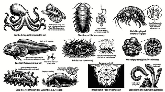 Oceanography Science: Deep-Sea Creatures Extreme Adaptations Detailed BW Line Art