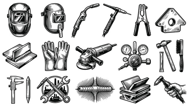 Black and White Line Art Illustration of Welding Tools and Equipment