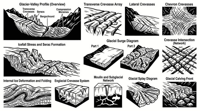 Detailed Glaciology Earth Science Black  White Line Art Diagrams: Glacier Forms  Ice Processes