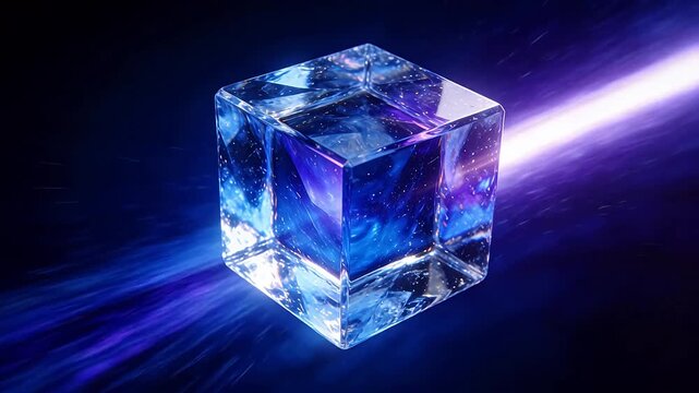Transparent cube with blue purple nebula light and diagonal purple beam on dark background