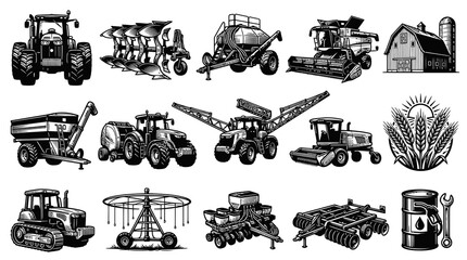 Obraz premium Agriculture Farm Machinery Equipment Set: Monochrome Line Art Illustrations for Farming Harvest