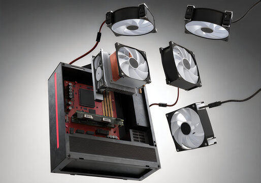 Internal view of custom desktop pc case with removed cooling fans and central air processor heat sink.