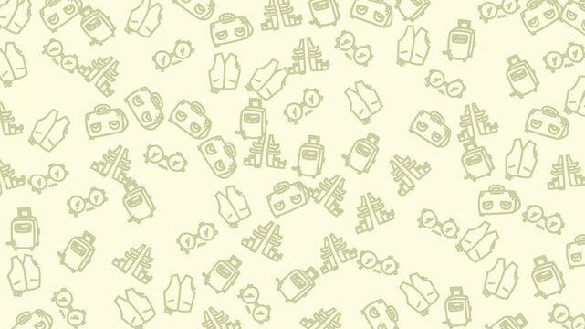 Pattern design with suitcase, glasses, vest, boot motifs on light yellow background. Suitable for travel, fashion, and lifestyle related projects.