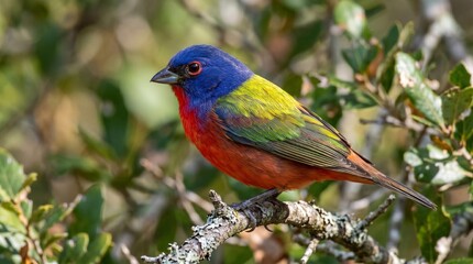 Obraz premium Vibrant Bunting Perched on Branch in Sunny Natural Habitat, Colorful Wildlife Portrait