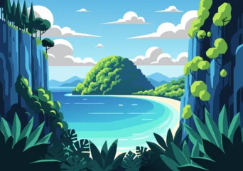 Fototapeten Türkis A serene tropical island landscape with lush green mountains, cliffs, and plants surrounding a calm blue ocean bay.  © Grogolan
