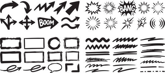 Mega set of black ink brush frames comic bursts arrows and messy wavy underlines © Sabbir