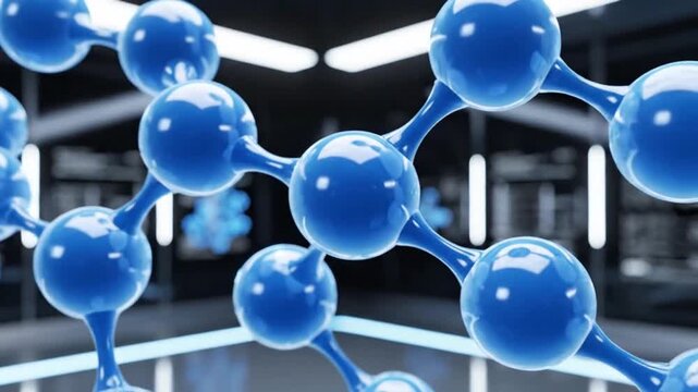 Blue molecular structure model displayed in a modern laboratory setting with scientists