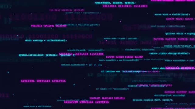 Abstract Digital Data Stream with Floating Code and Binary Numbers on Dark Blue Background