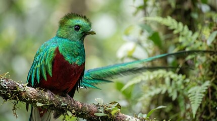 Obraz premium Vibrant Resplendent Quetzal Perched on Mossy Branch in Lush Tropical Rainforest